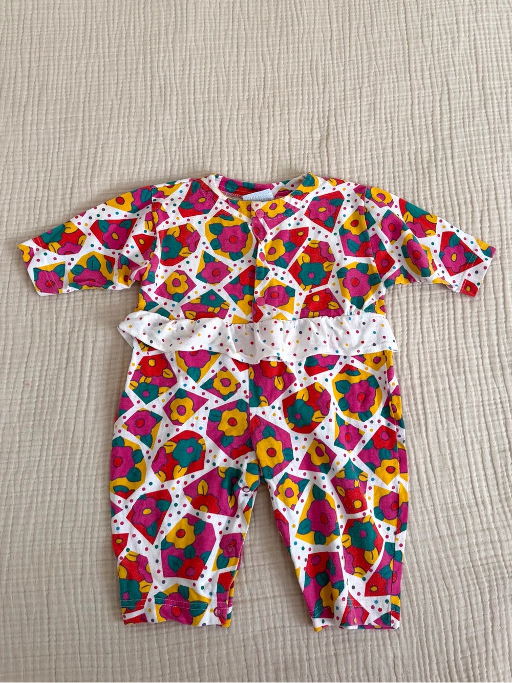 Vintage Fisher Price Colorful Floral Polka Dot Geo Print Ruffle Romper